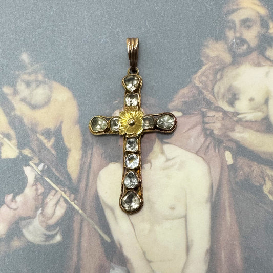 Antique 14k Gold Chrysoberyl Cross, 1700s Portuguese Crucifix Pendant, Georgian Jewellery, Baroque, Colonial Jewelry 18th Century Chrysolite