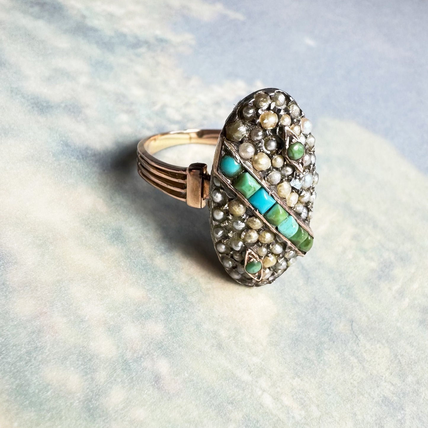 Antique 18K Gold Ring, Pearl & Turquoise Navette Ring, Uncleaned Victorian Era Jewellery , Size US 5 / UK J , 3.9 grams, 19th Century Ring