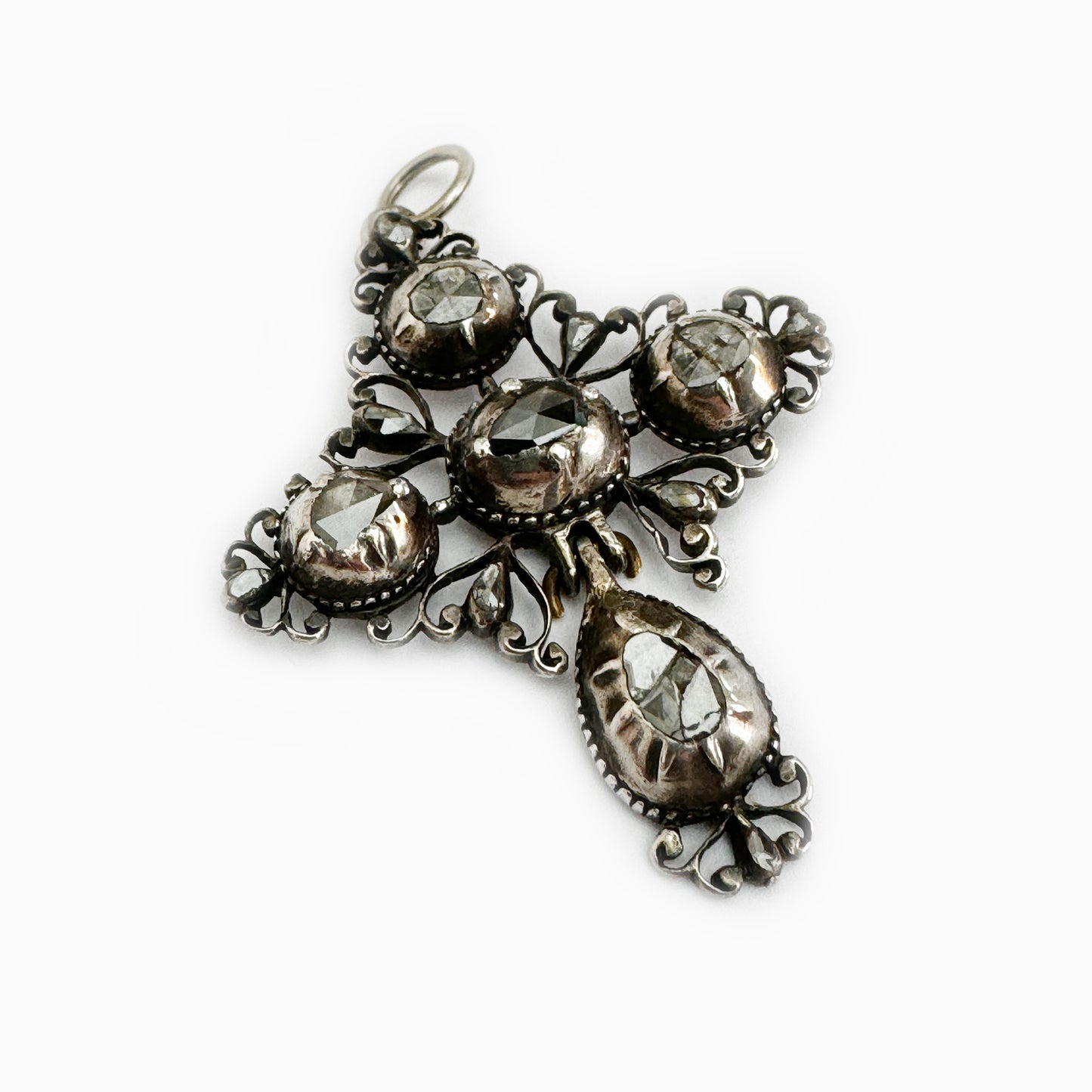 Antique 1700s Silver Diamond Cross Pendant, Baroque, Antique Georgian Old Rose Cut Diamond Cruciform, 18th Century French Old Mine Diamonds