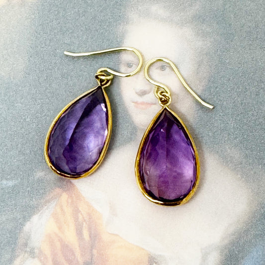 Vintage 18k Gold Amethyst Drop Earrings, Faceted Gemstone Dangles, 18ct Gold Hooks, Solid Gold Purple Gem Earrings, February Birthstone
