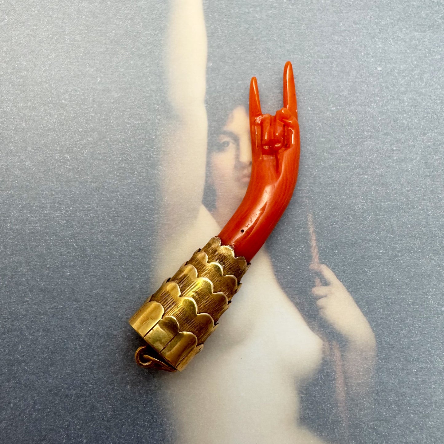 Antique 16k Coral Figa, Horned Hand, 16ct Gold Natural Mediterranean Coral, Lucky Charm, Figa Charm, Articulated, Mano Cornuta, Sign Of Horn