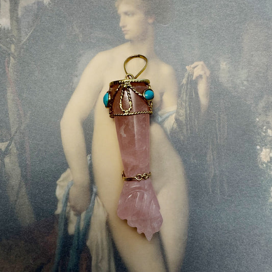 Vintage 18k Gold Figa, Crystal Figa, 1960s, Pink Quartz Mano Fico, Evil Eye, Solid 18ct Gold, Turquoise, Gift For Her, Mano Figa, Figa Charm
