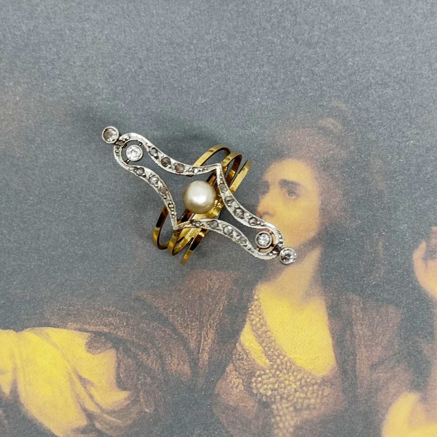 Antique 18k Gold Diamonds Pearl Ring, Art Nouveau 1910 Edwardian Natural Pearl 18 ct Ring, Vintage Cultured Pearl Cut Diamond Ring, 5 grams