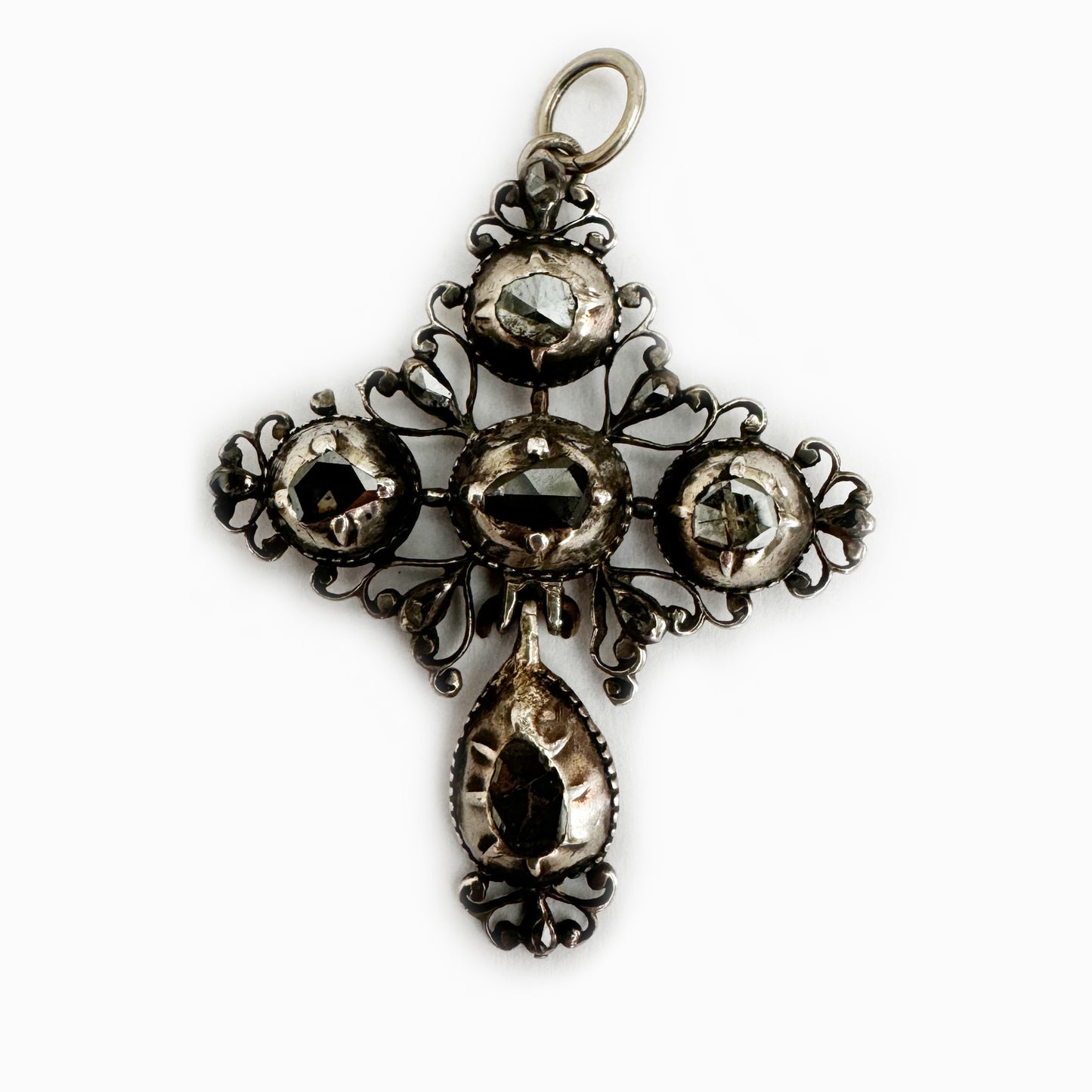 Antique 1700s Silver Diamond Cross Pendant, Baroque, Antique Georgian Old Rose Cut Diamond Cruciform, 18th Century French Old Mine Diamonds