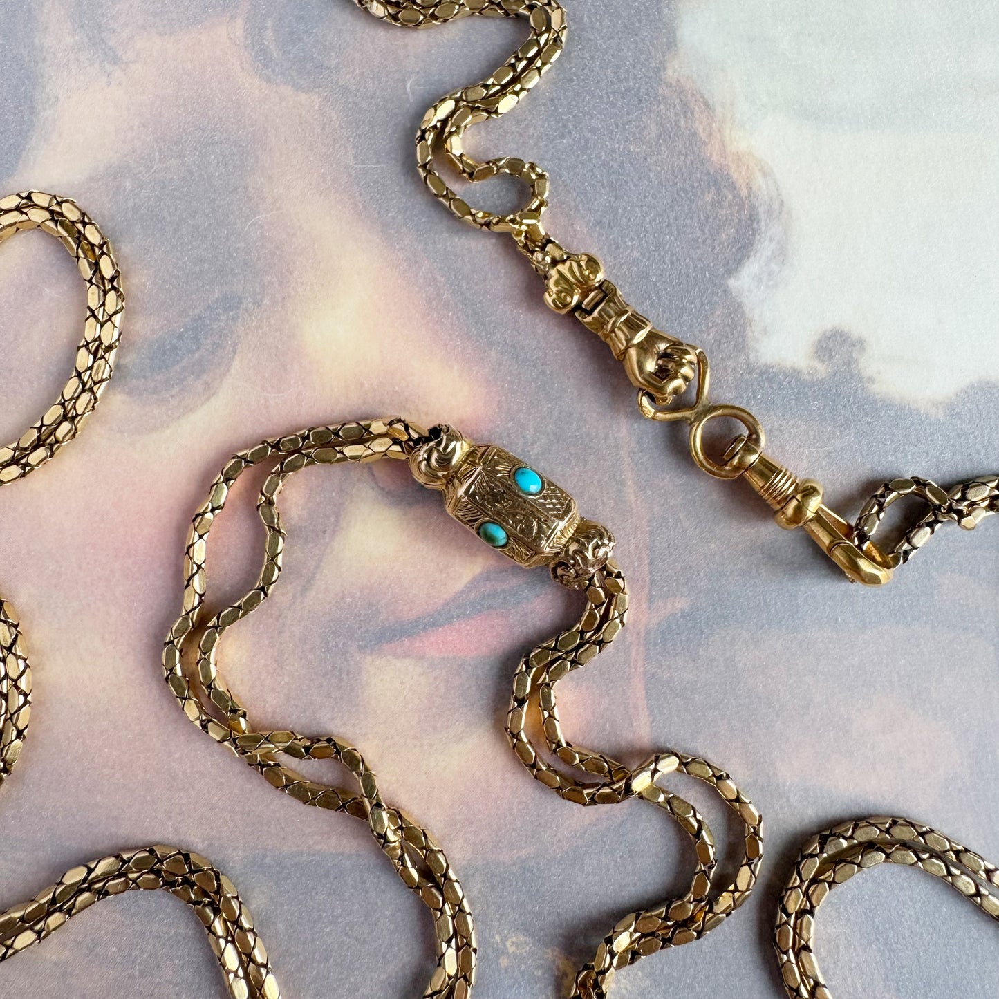Antique 18k Gold French Guard Chain, Georgian to Early Victorian, Turquoise Slide, Fist Clasp, 18 ct Gold Rare Delicate 19.0 Grams Necklace