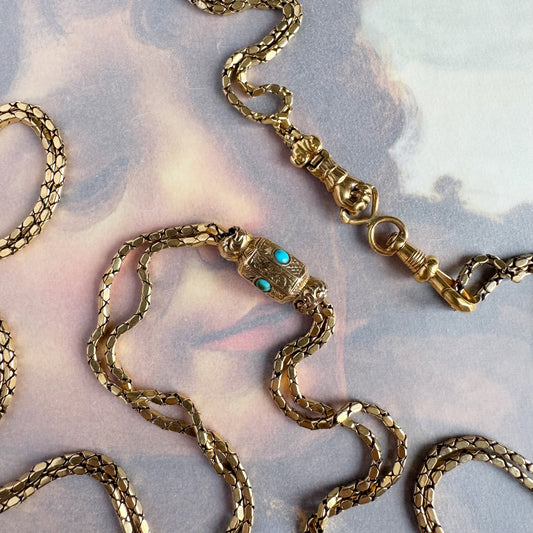 Antique 18k Gold French Guard Chain, Georgian to Early Victorian, Turquoise Slide, Fist Clasp, 18 ct Gold Rare Delicate 19.0 Grams Necklace