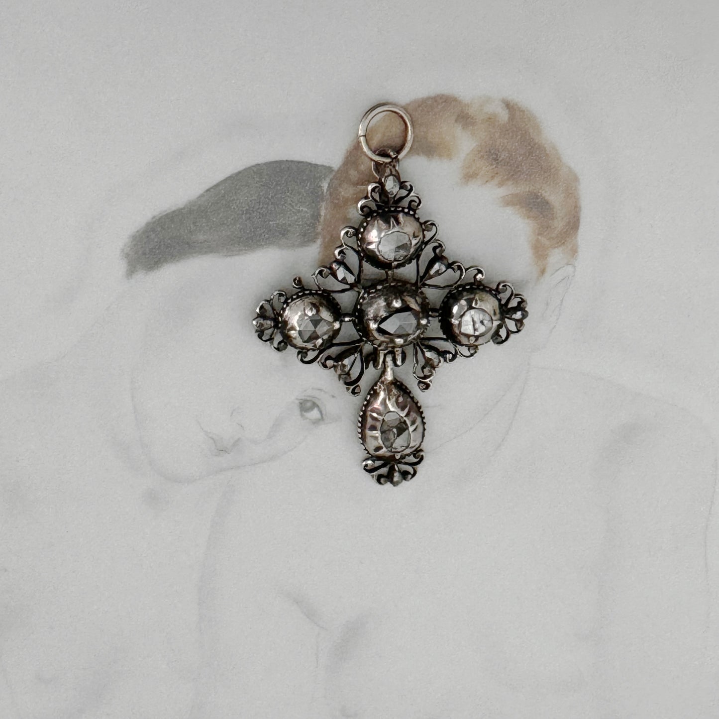 Antique 1700s Silver Diamond Cross Pendant, Baroque, Antique Georgian Old Rose Cut Diamond Cruciform, 18th Century French Old Mine Diamonds