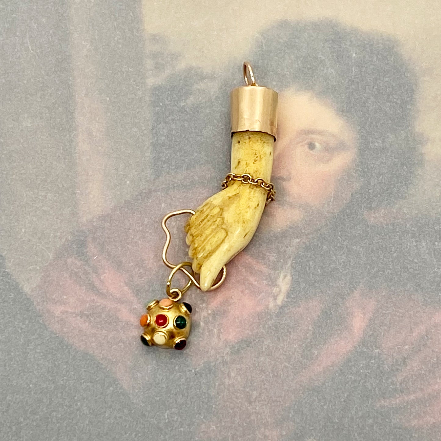 Antique 18K Gold Bone Figa Fob Semi Precious Charm