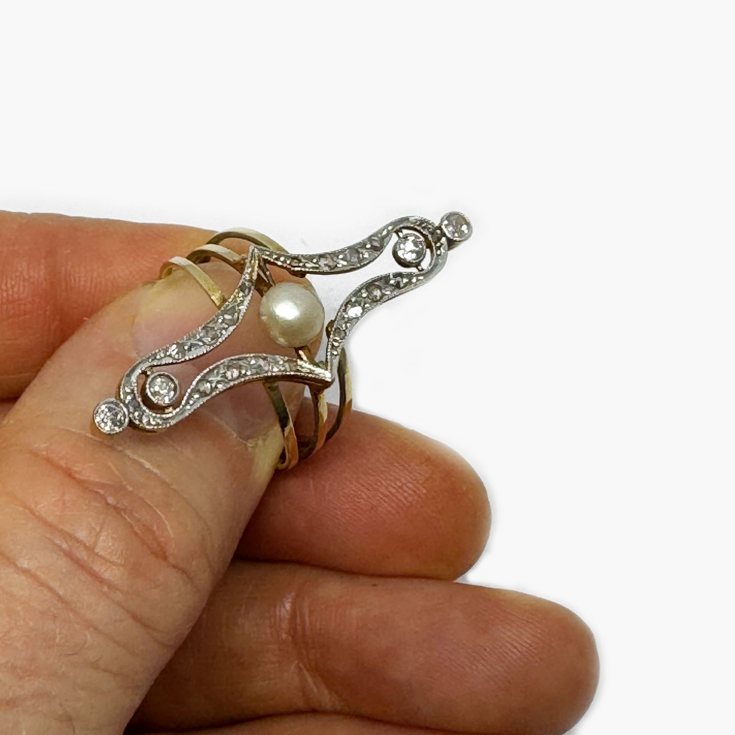 Antique 18k Gold Diamonds Pearl Ring, Art Nouveau 1910 Edwardian Natural Pearl 18 ct Ring, Vintage Cultured Pearl Cut Diamond Ring, 5 grams