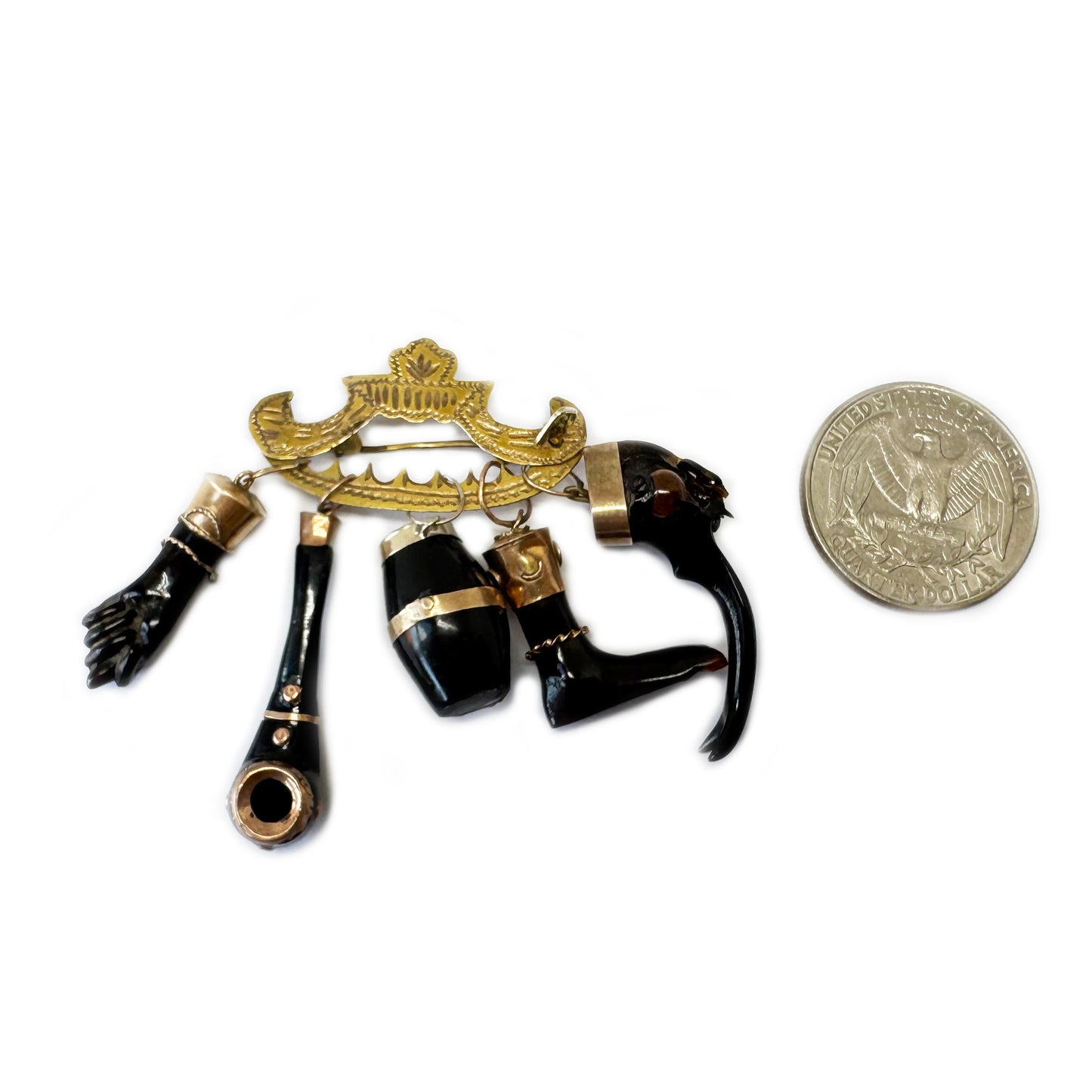 Antique 9k Gold Pin, Late Victorian Penca de Balangandã Brooch, 9ct Gold & Horn Charms, 1800s Colonial Cluster Brooch, Ex Voto Talismans