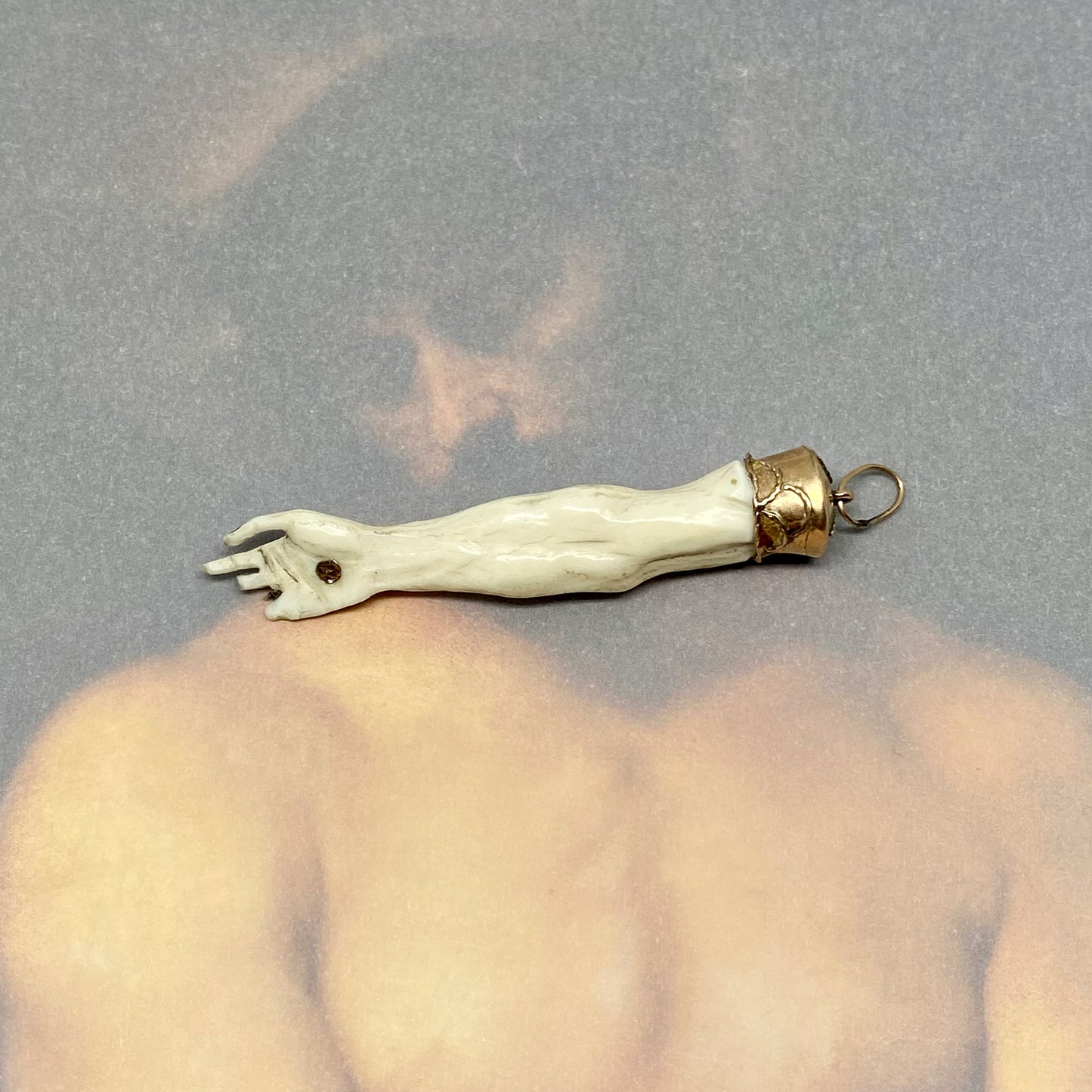 Antique 14K Gold Bone Arm Charm, Victorian Hand Pendant, Stigmata Pierced Nail, Figa Charm