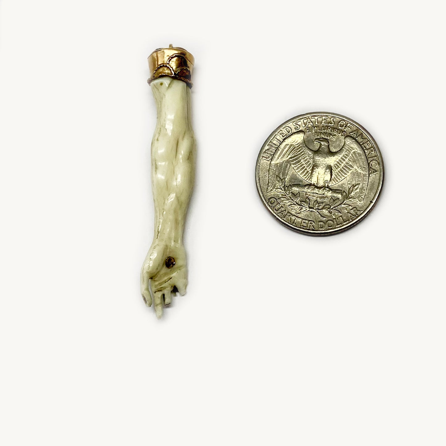 Antique 14K Gold Bone Arm Charm, Victorian Hand Pendant, Stigmata Pierced Nail, Figa Charm