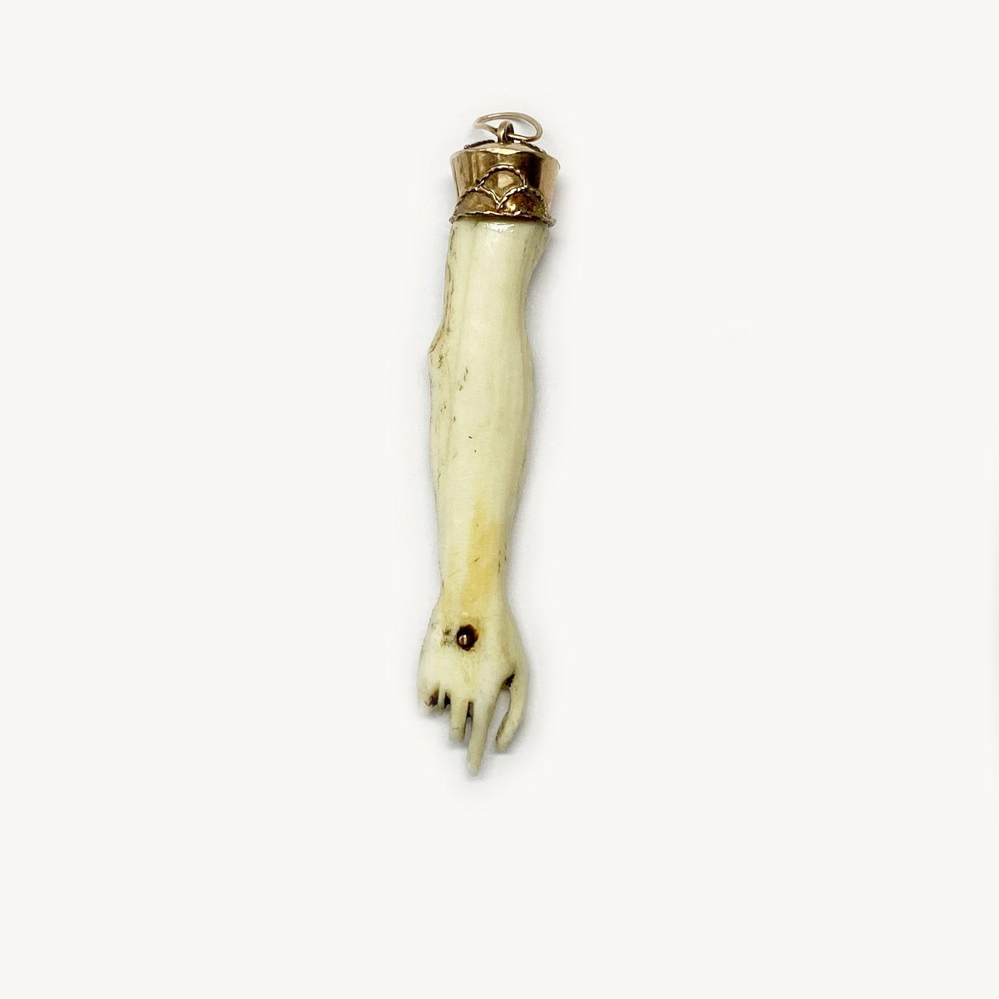 Antique 14K Gold Bone Arm Charm, Victorian Hand Pendant, Stigmata Pierced Nail, Figa Charm