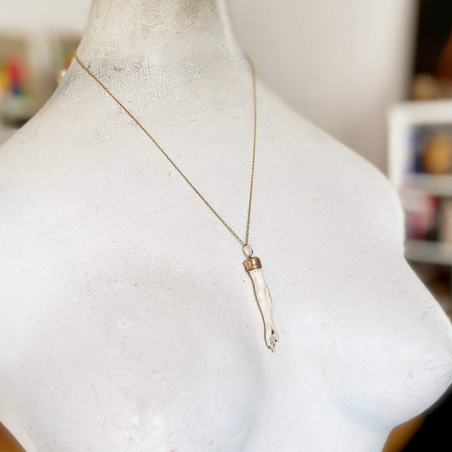 Antique 14K Gold Bone Arm Charm, Victorian Hand Pendant, Stigmata Pierced Nail, Figa Charm