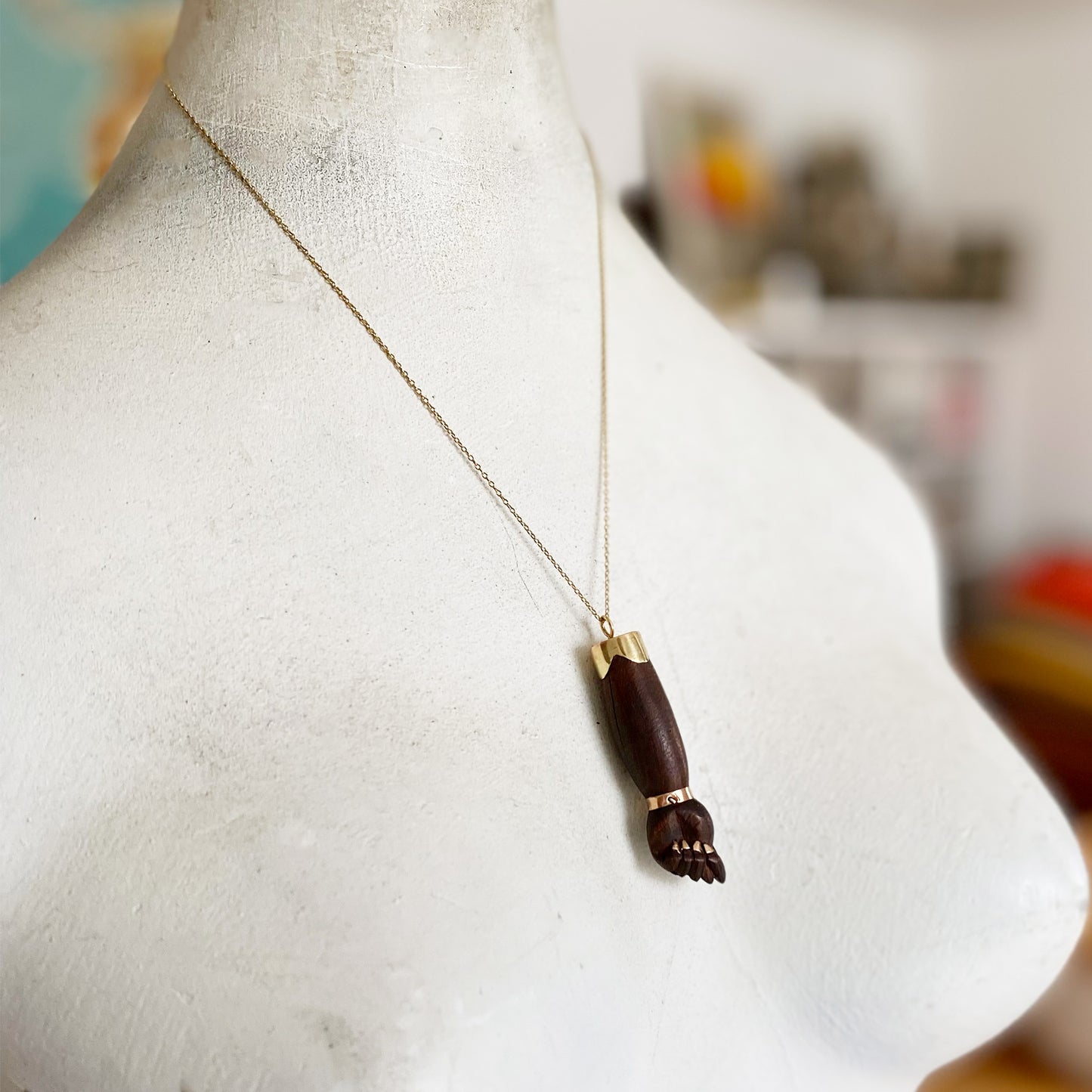 Antique 14K Gold Carved Wood 1950s Figa Charm