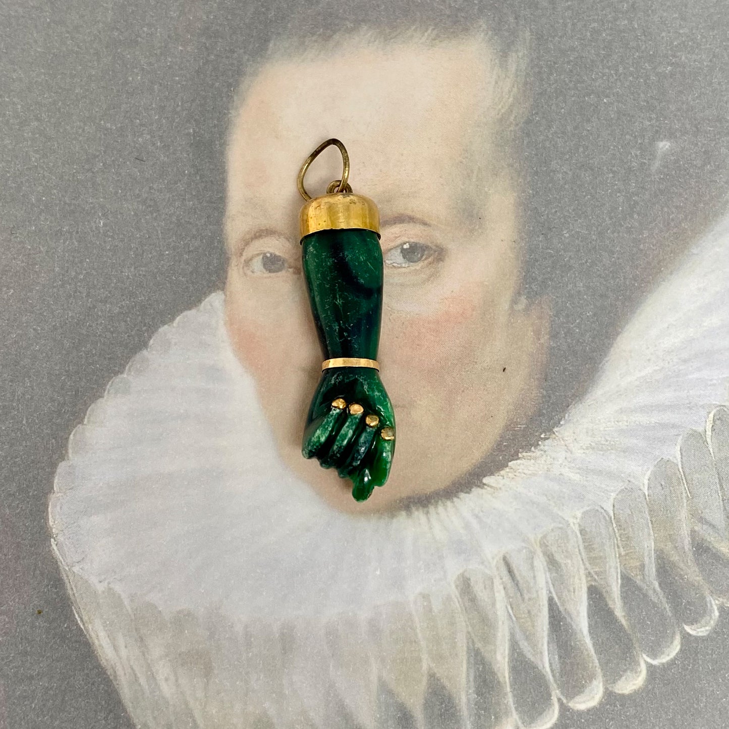 Vintage Green Figa, 1960s, Resin, Gold Plated, Figa Charm, Mano Fico, Fist