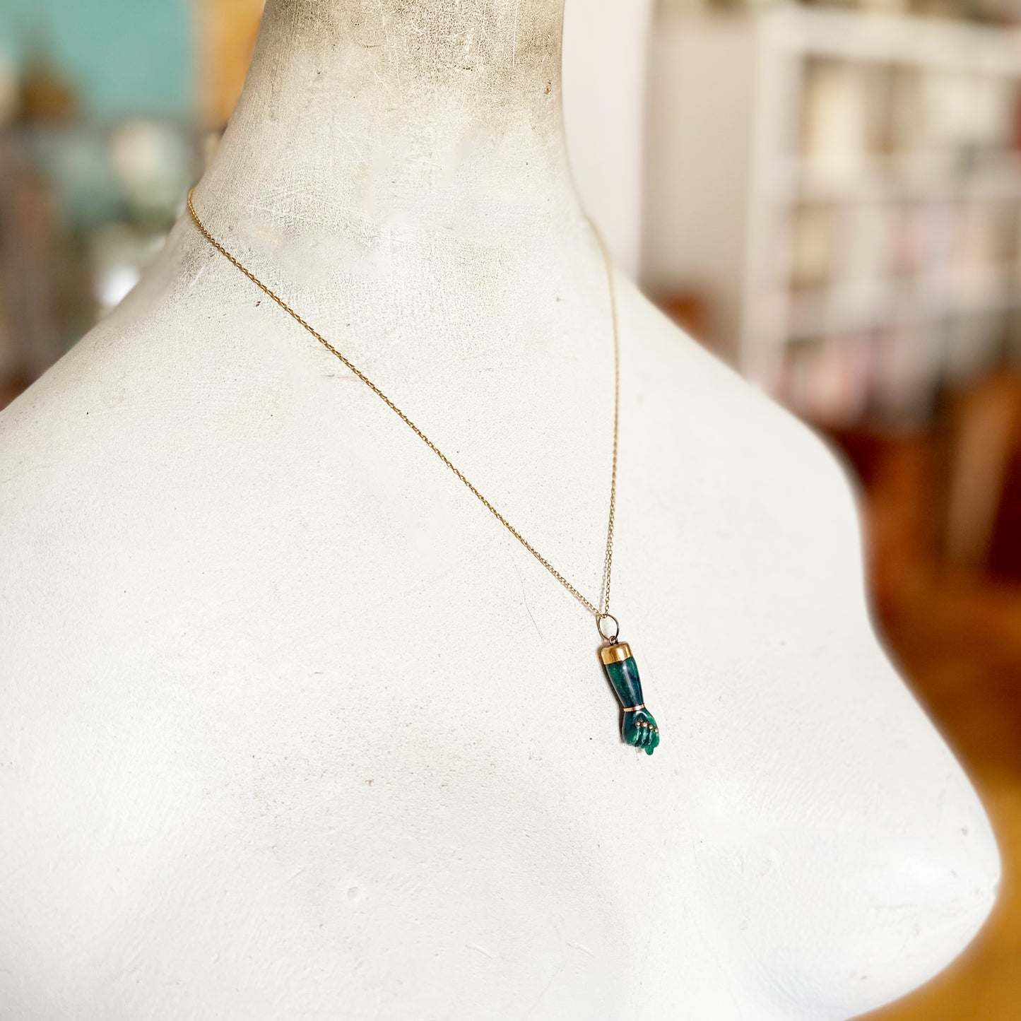 Vintage Green Figa, 1960s, Resin, Gold Plated, Figa Charm, Mano Fico, Fist