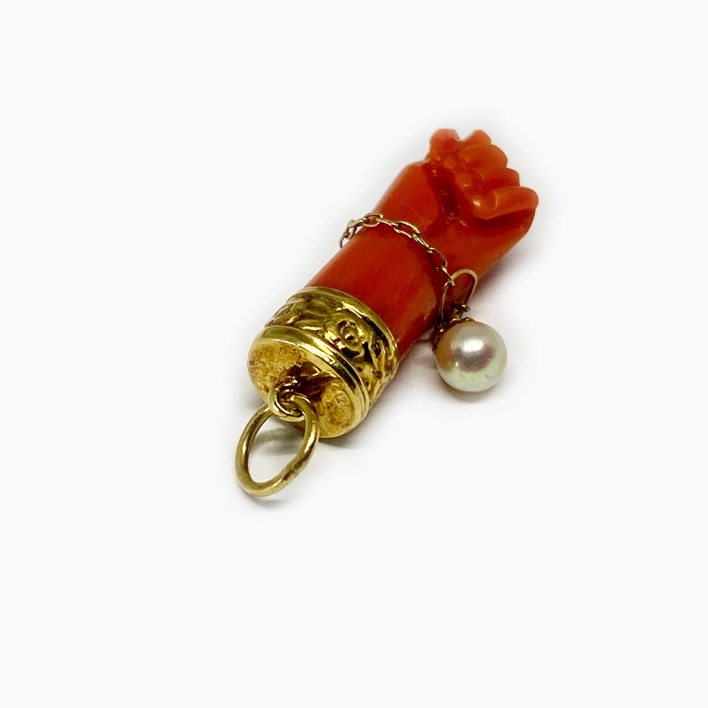 Antique 18k Gold Natural Coral Pearl Figa Charm