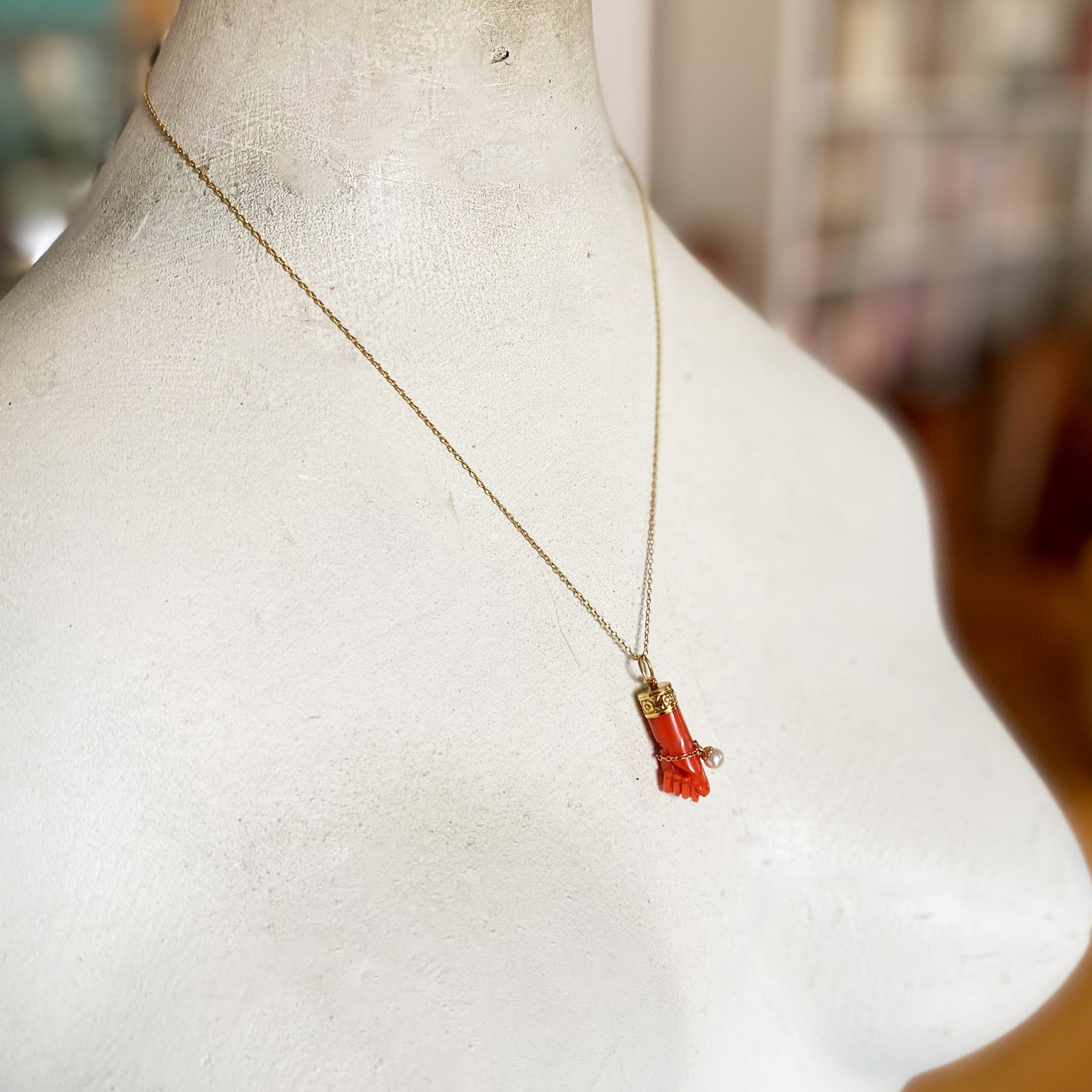 Antique 18k Gold Natural Coral Pearl Figa Charm