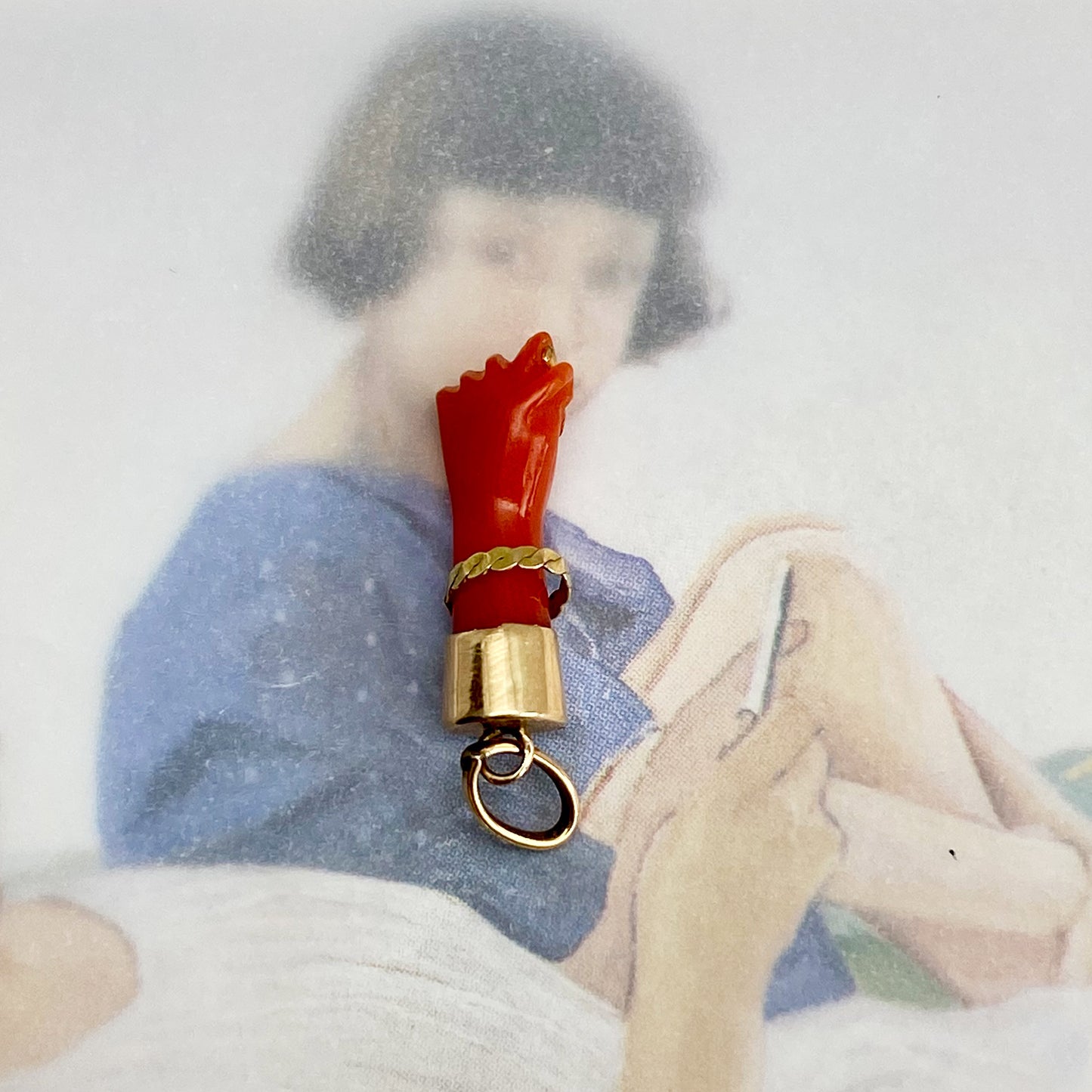 Antique 14k Gold Coral Figa, Small 1800s Mediterranean Coral Amulet, Mano Fico, Figa Charm