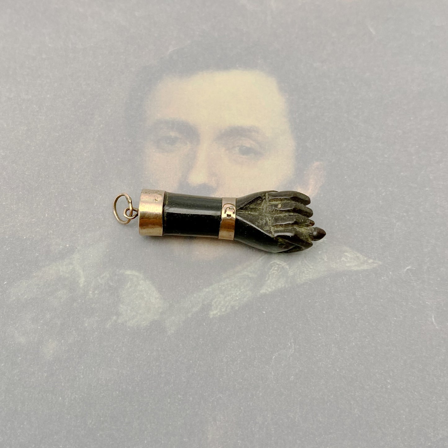 Antique Gold plated Figa Hand, Victorian Stained Horn Lucky Figa Charm