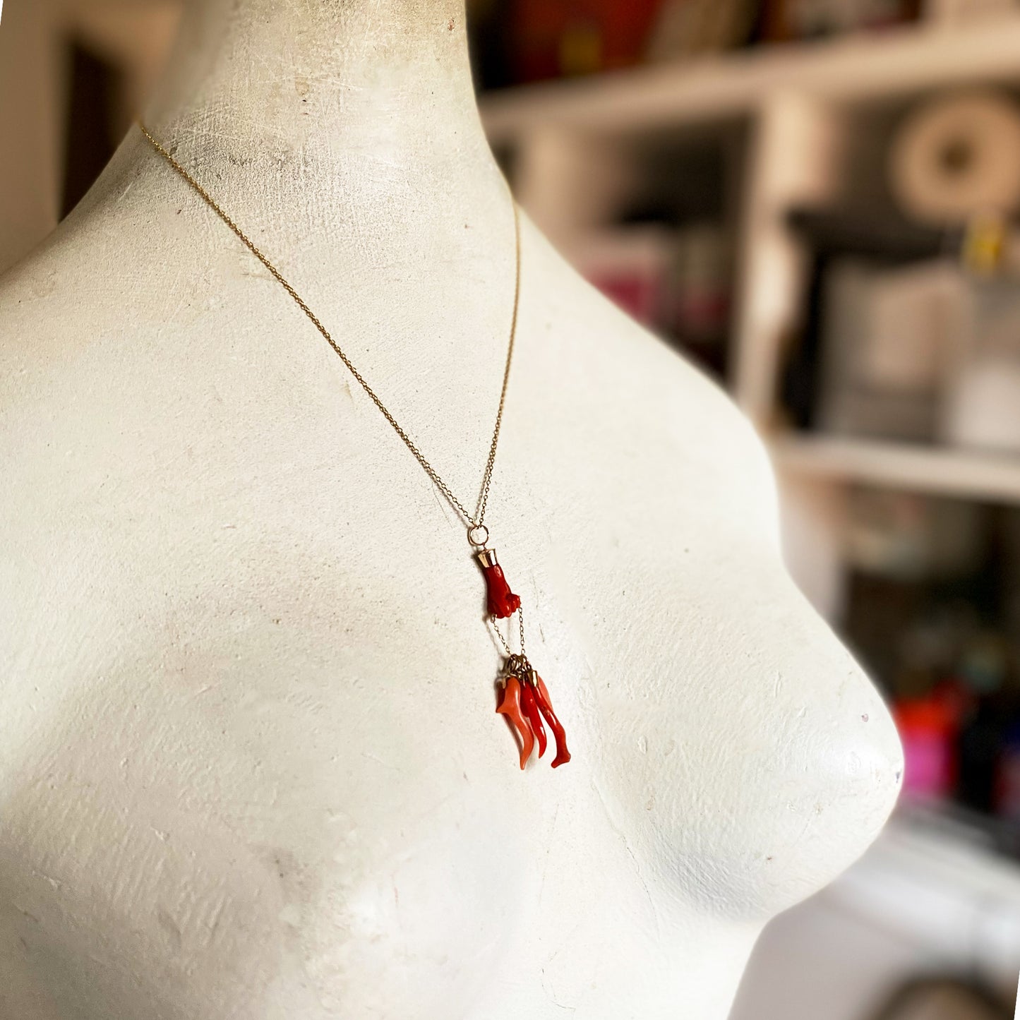 Antique 9K Gold Coral Fist Figa Charm