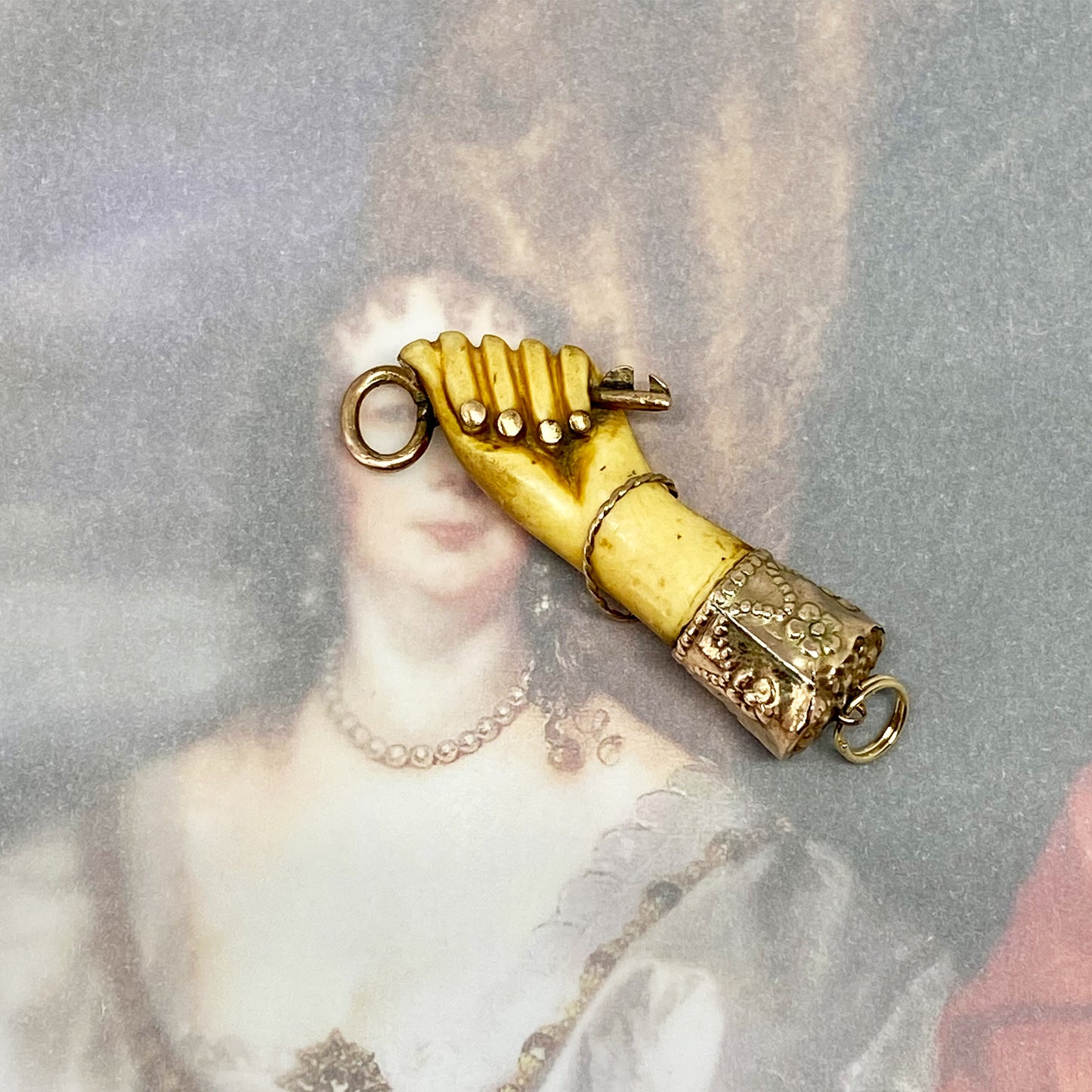 Antique 9K Gold Figa, Victorian Bone Fist Hand Key Figa Charm
