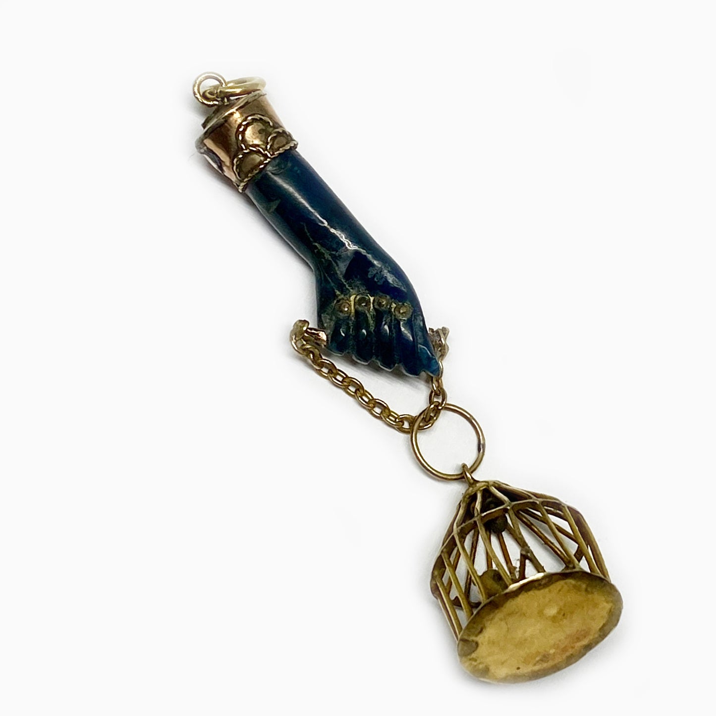 Vintage Figa Gold Plated Miniature Bird Cage,Blue Figa Charm