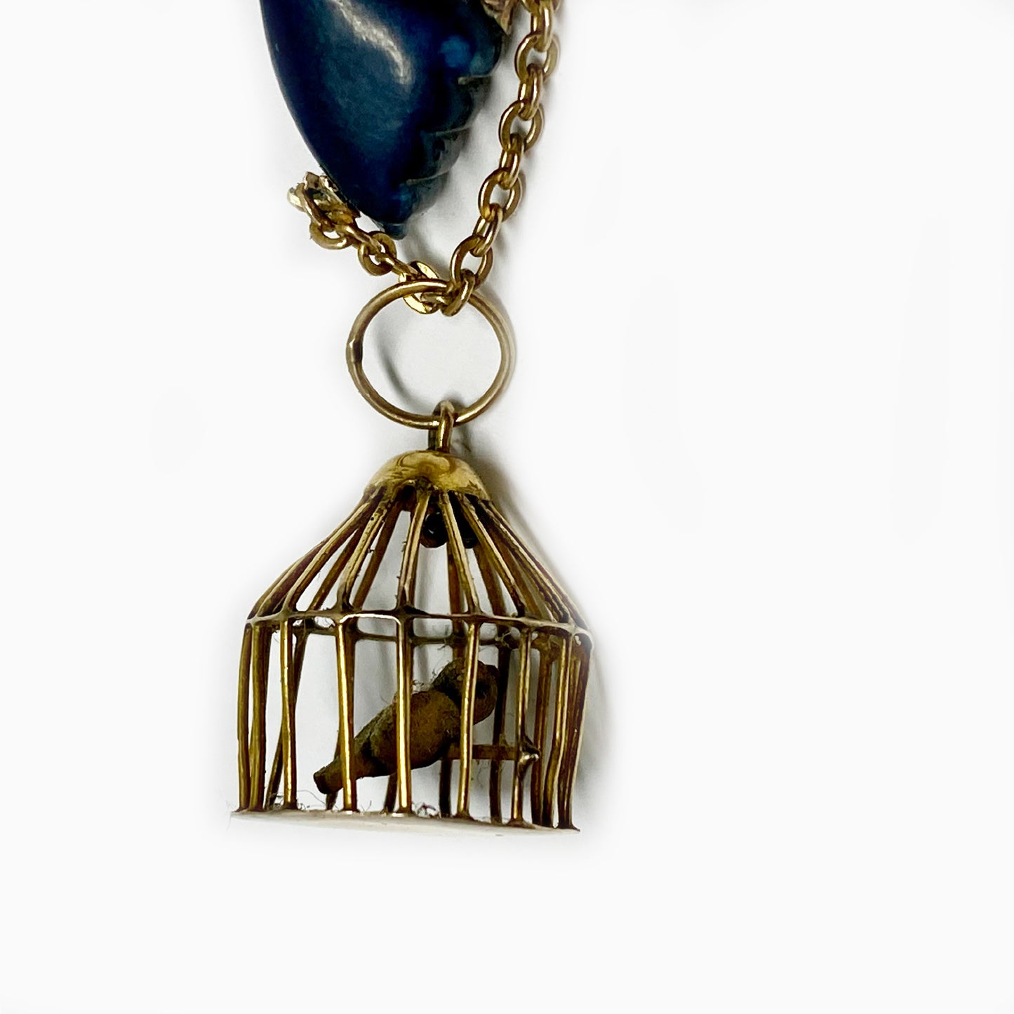 Vintage Figa Gold Plated Miniature Bird Cage,Blue Figa Charm