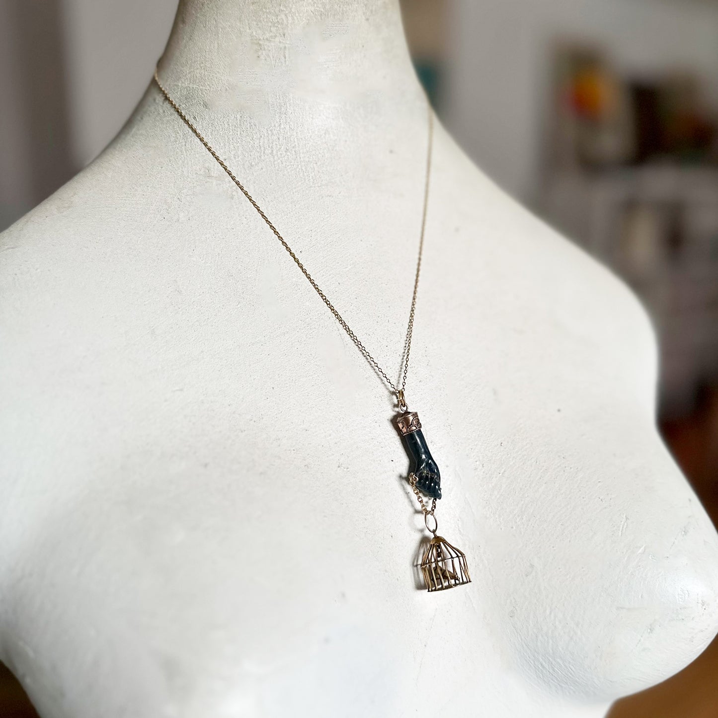 Vintage Figa Gold Plated Miniature Bird Cage,Blue Figa Charm