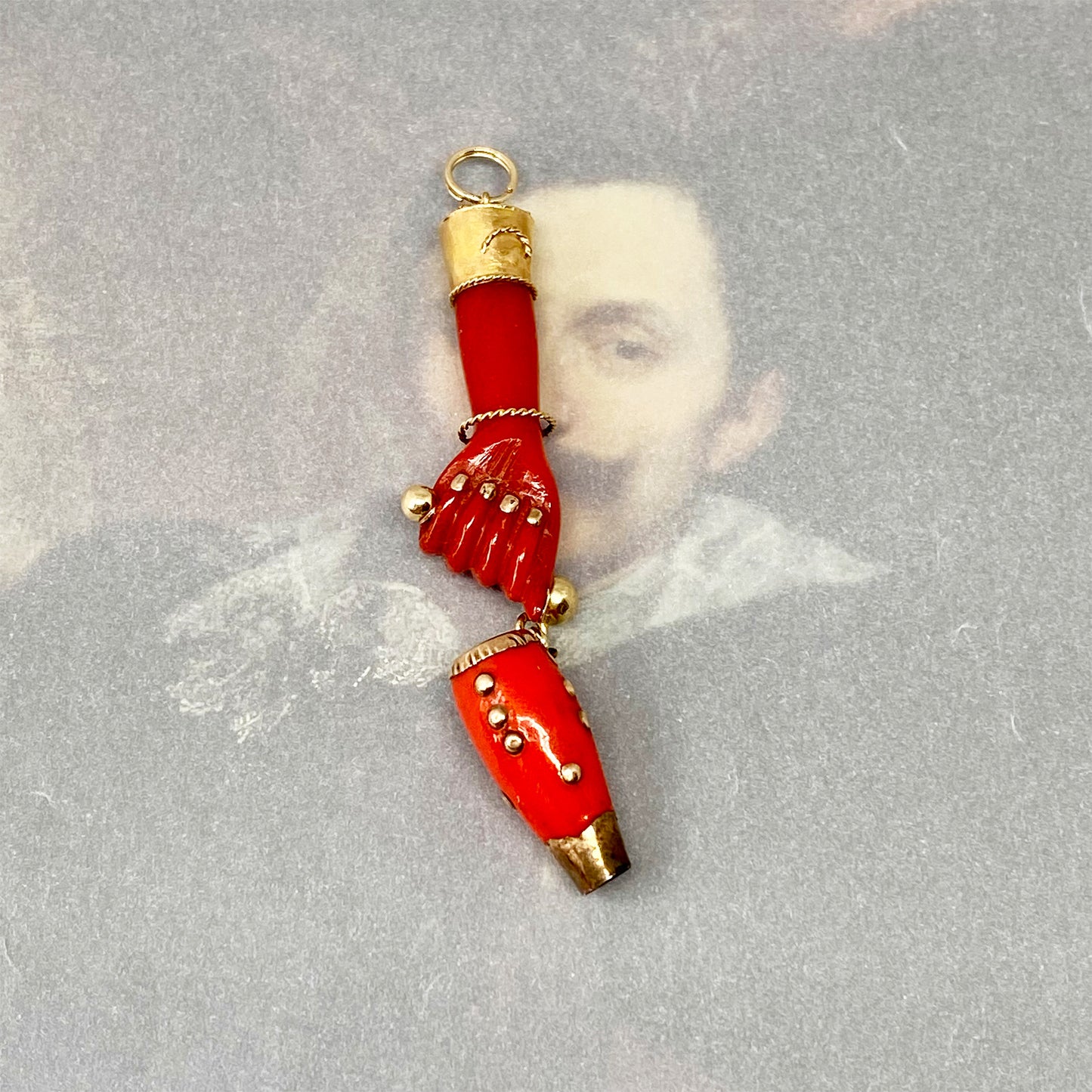 Antique 14K Gold Red Resin, Miniature Drum, Figa Charm