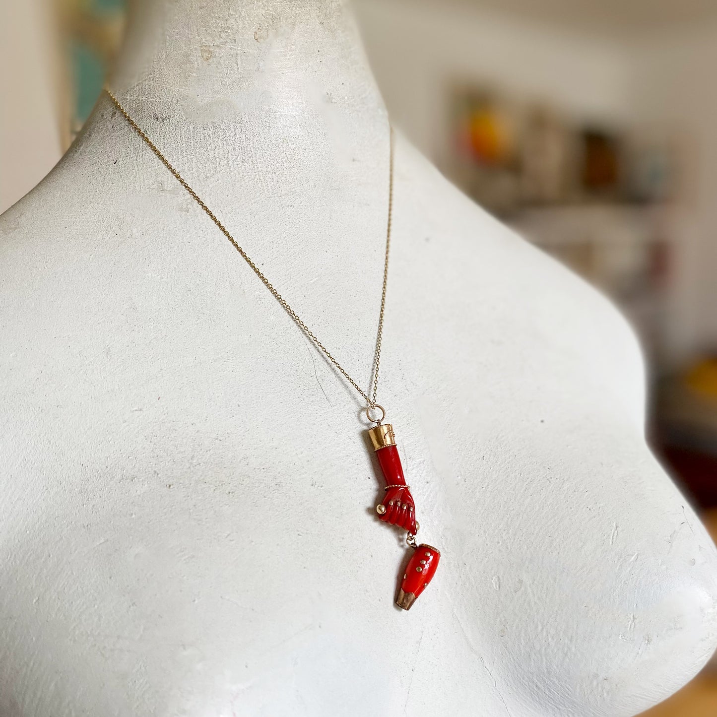 Antique 14K Gold Red Resin, Miniature Drum, Figa Charm