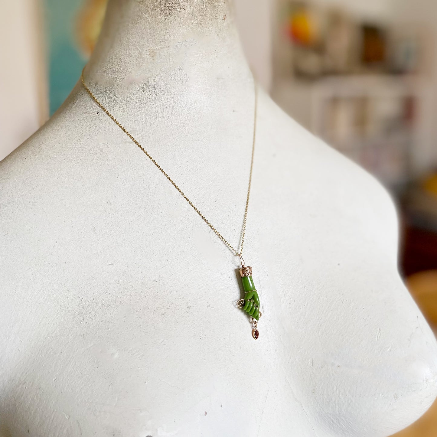 Vintage 14K Gold Green Resin, 1940s Hand Fist Figa Charm