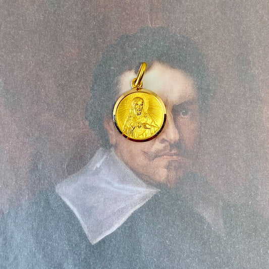 18k Gold Vintage Religious Medal, Jesus and Mary Medal Pendant