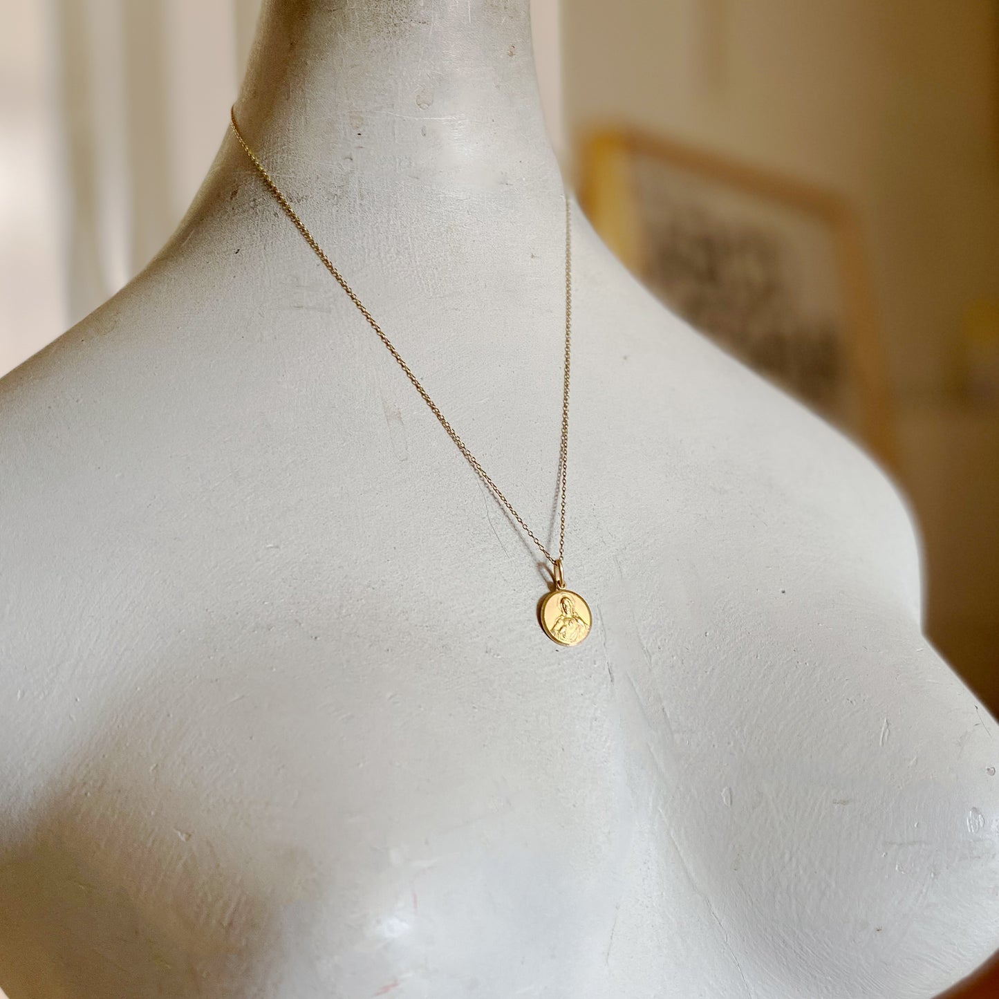 18k Gold Vintage Religious Medal, Our Lady and Jesus Medal Pendant