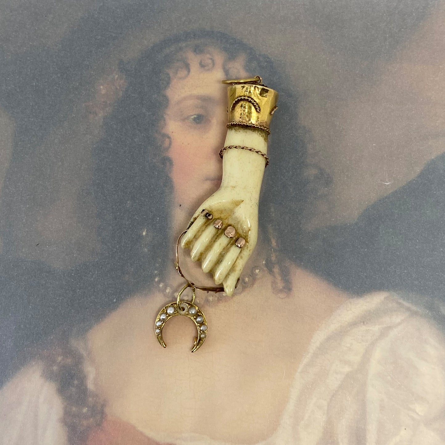 Antique 18K Gold Figa, Victorian Bone Fist Hand, Half Moon, Figa Charm