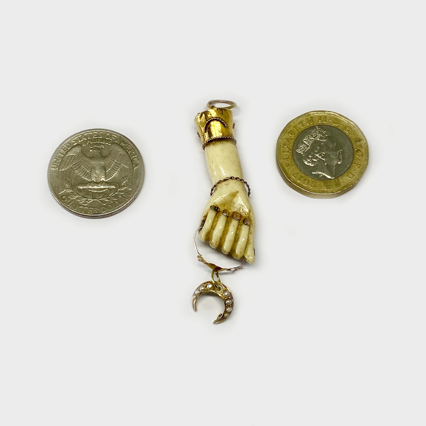 Antique 18K Gold Figa, Victorian Bone Fist Hand, Half Moon, Figa Charm