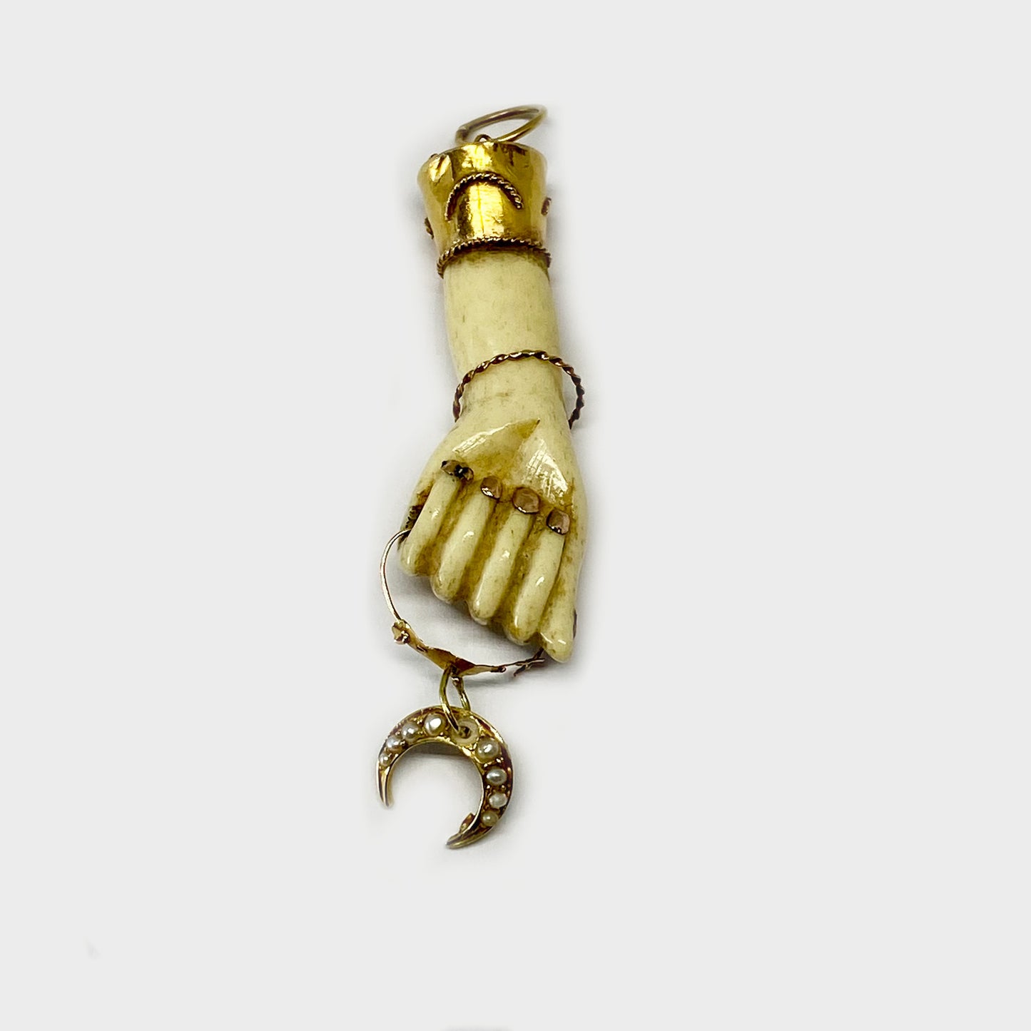 Antique 18K Gold Figa, Victorian Bone Fist Hand, Half Moon, Figa Charm