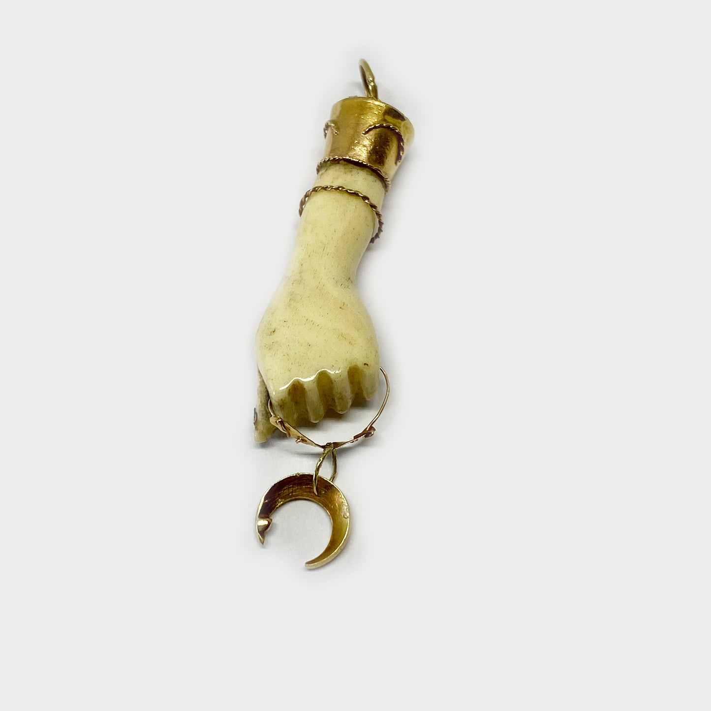 Antique 18K Gold Figa, Victorian Bone Fist Hand, Half Moon, Figa Charm