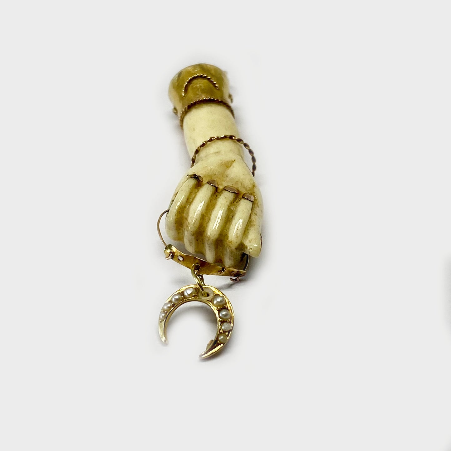 Antique 18K Gold Figa, Victorian Bone Fist Hand, Half Moon, Figa Charm