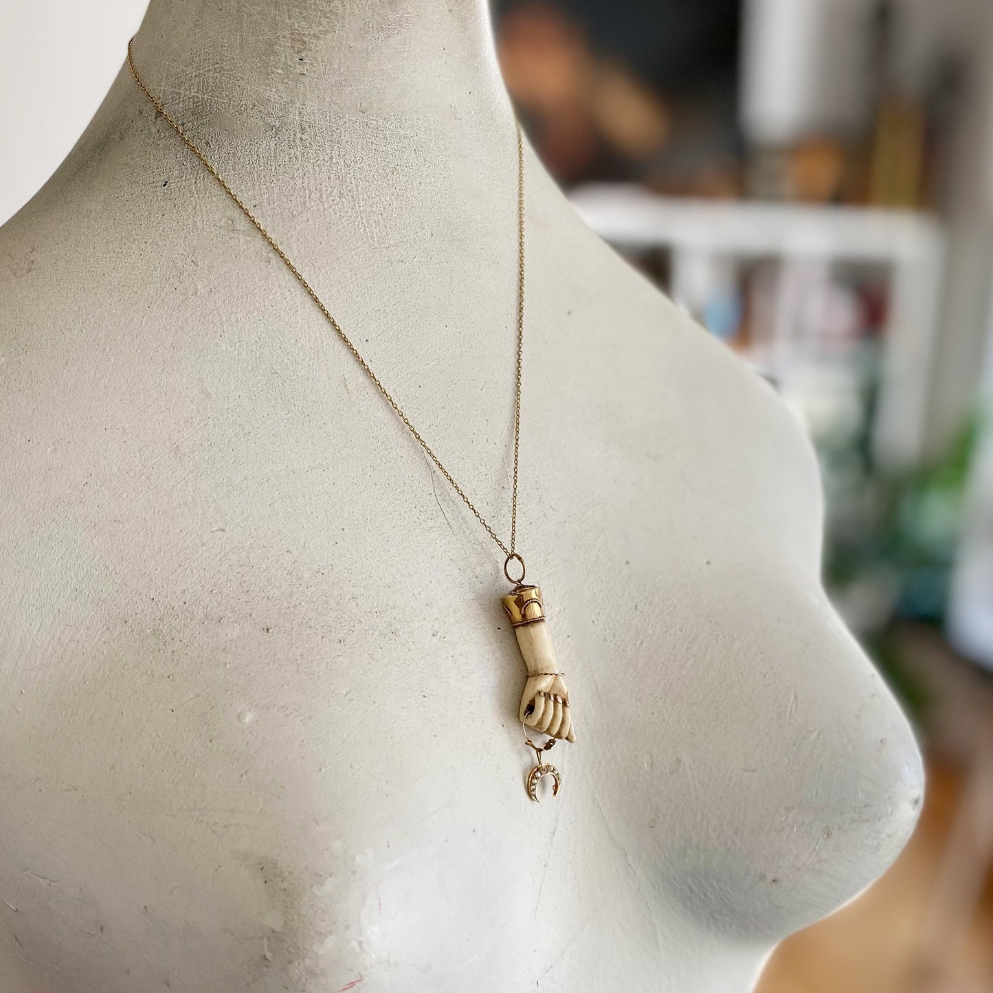 Antique 18K Gold Figa, Victorian Bone Fist Hand, Half Moon, Figa Charm