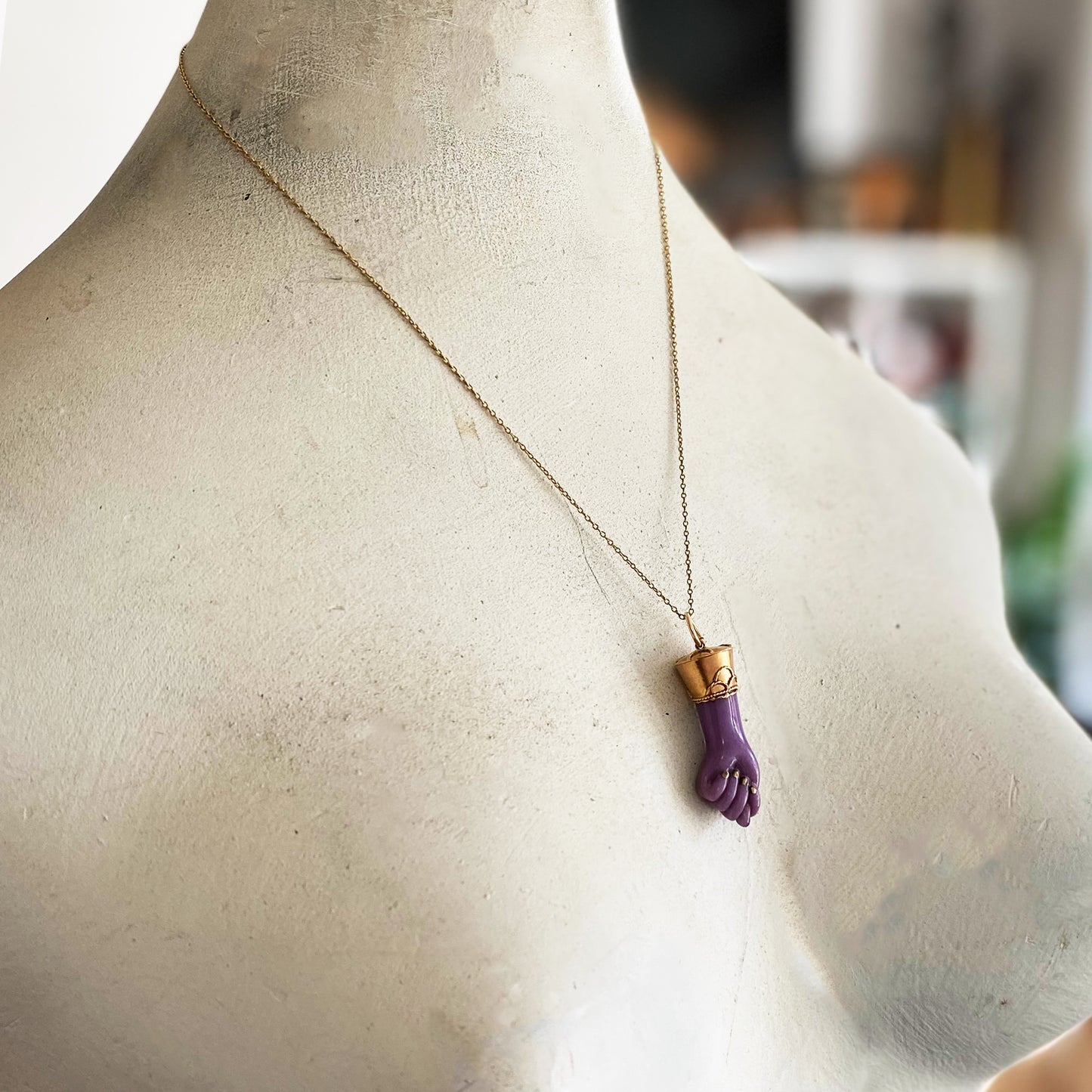 Vintage 14k Purple Figa, 14 ct Gold Hand Figa Charm