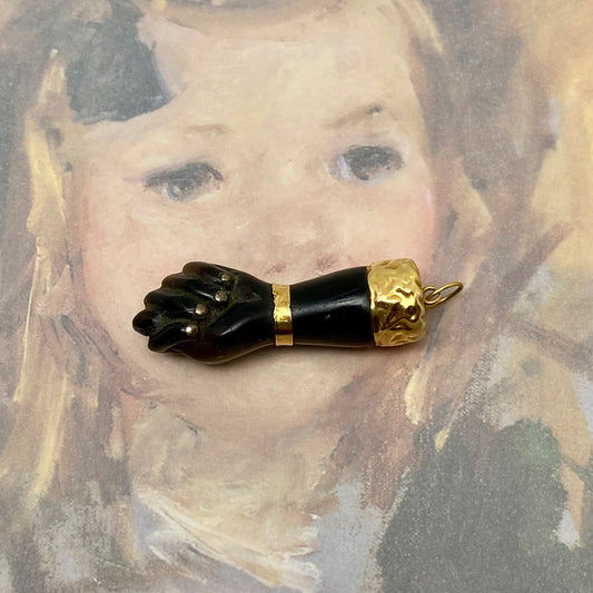 Antique 18k Gold Figa Hand, Victorian Stained Horn Figa Charm