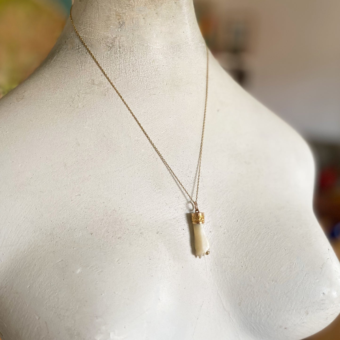 Antique 18K Gold Figa, Carved Mother Of Pearl Figa Charm