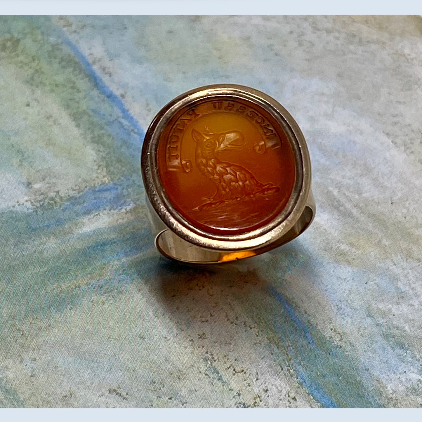 Antique 9k Gold Carnelian Intaglio Ring, Heraldic Coat Of Arms Motto, Edwardian Signet Ring