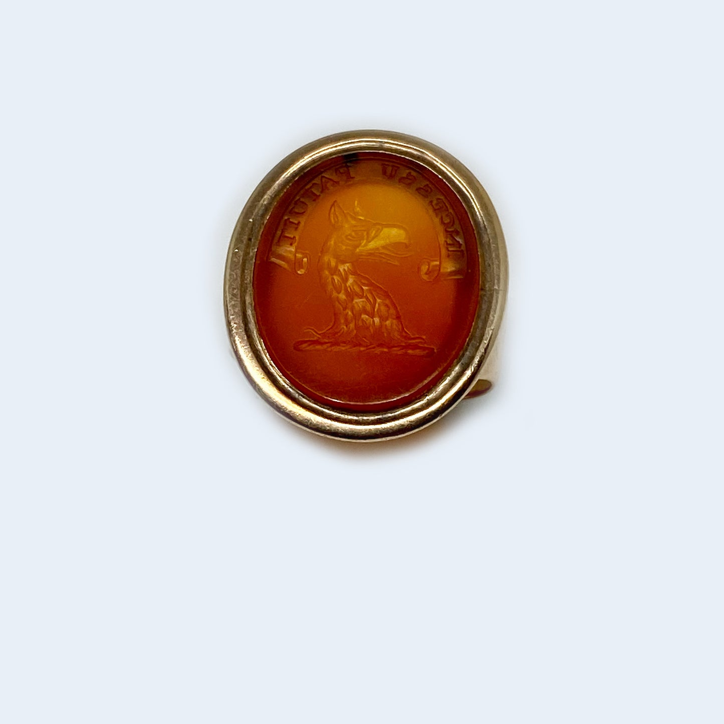 Antique 9k Gold Carnelian Intaglio Ring, Heraldic Coat Of Arms Motto, Edwardian Signet Ring