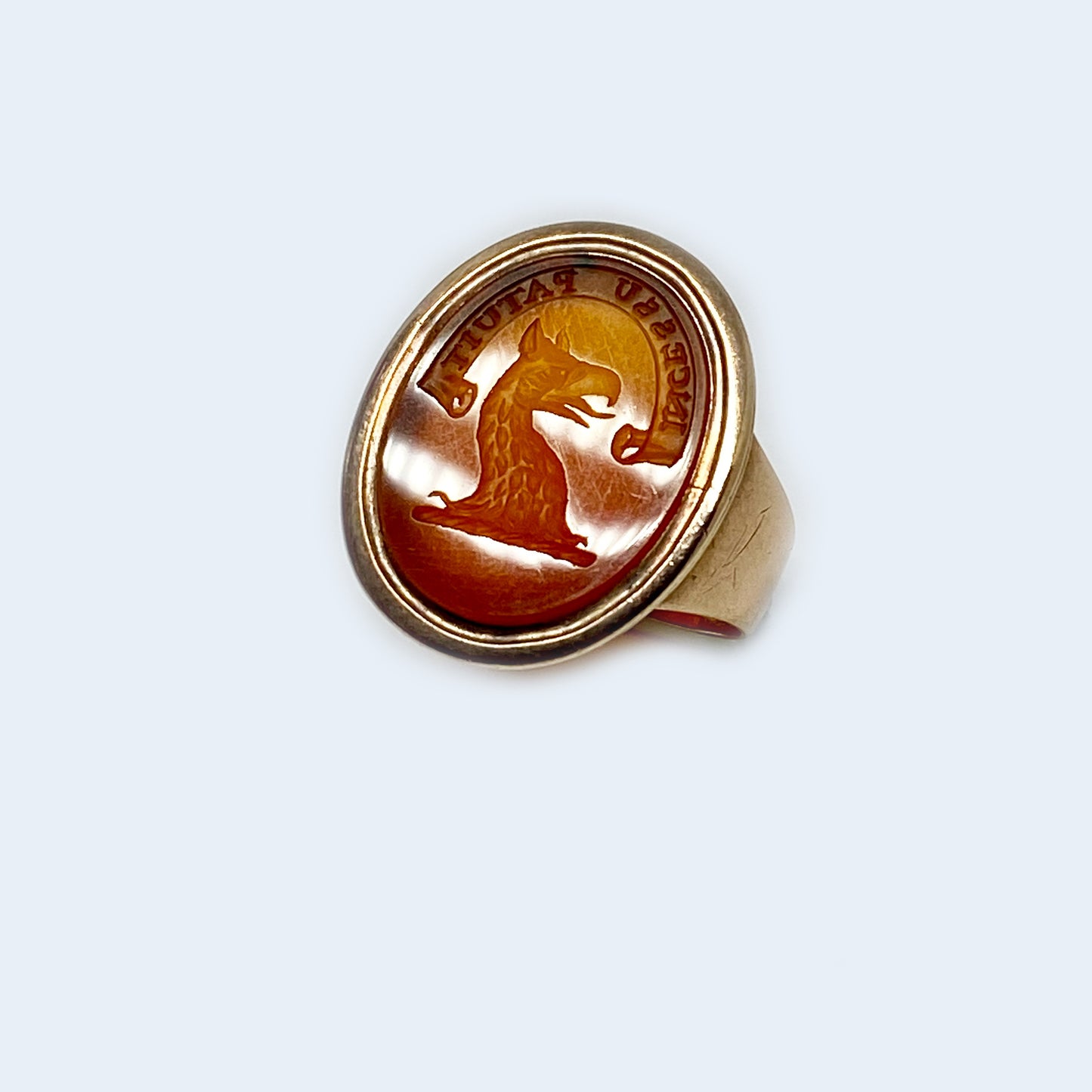 Antique 9k Gold Carnelian Intaglio Ring, Heraldic Coat Of Arms Motto, Edwardian Signet Ring