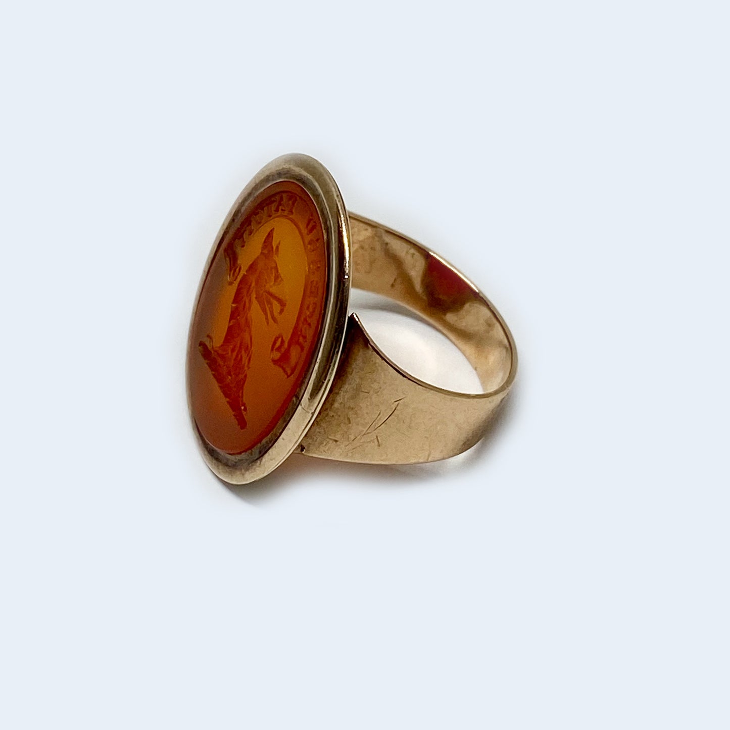 Antique 9k Gold Carnelian Intaglio Ring, Heraldic Coat Of Arms Motto, Edwardian Signet Ring