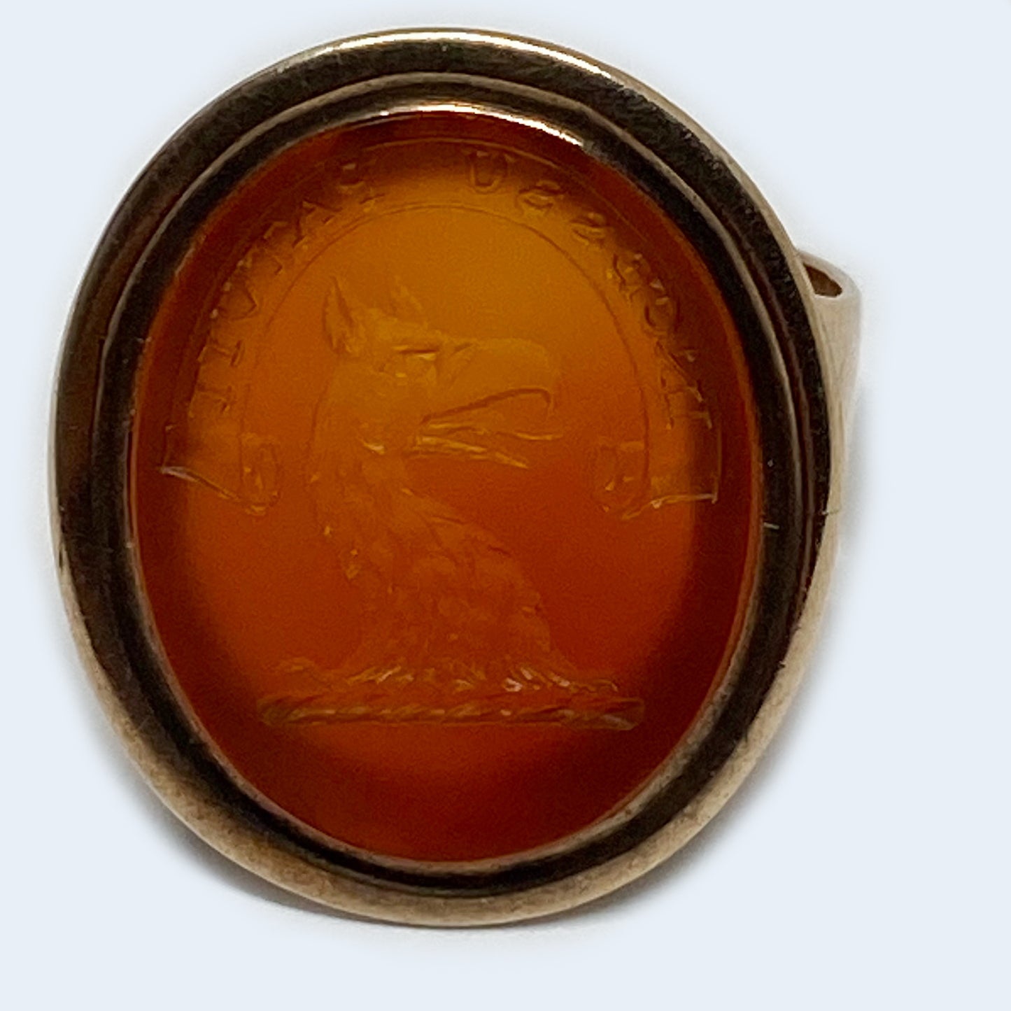 Antique 9k Gold Carnelian Intaglio Ring, Heraldic Coat Of Arms Motto, Edwardian Signet Ring