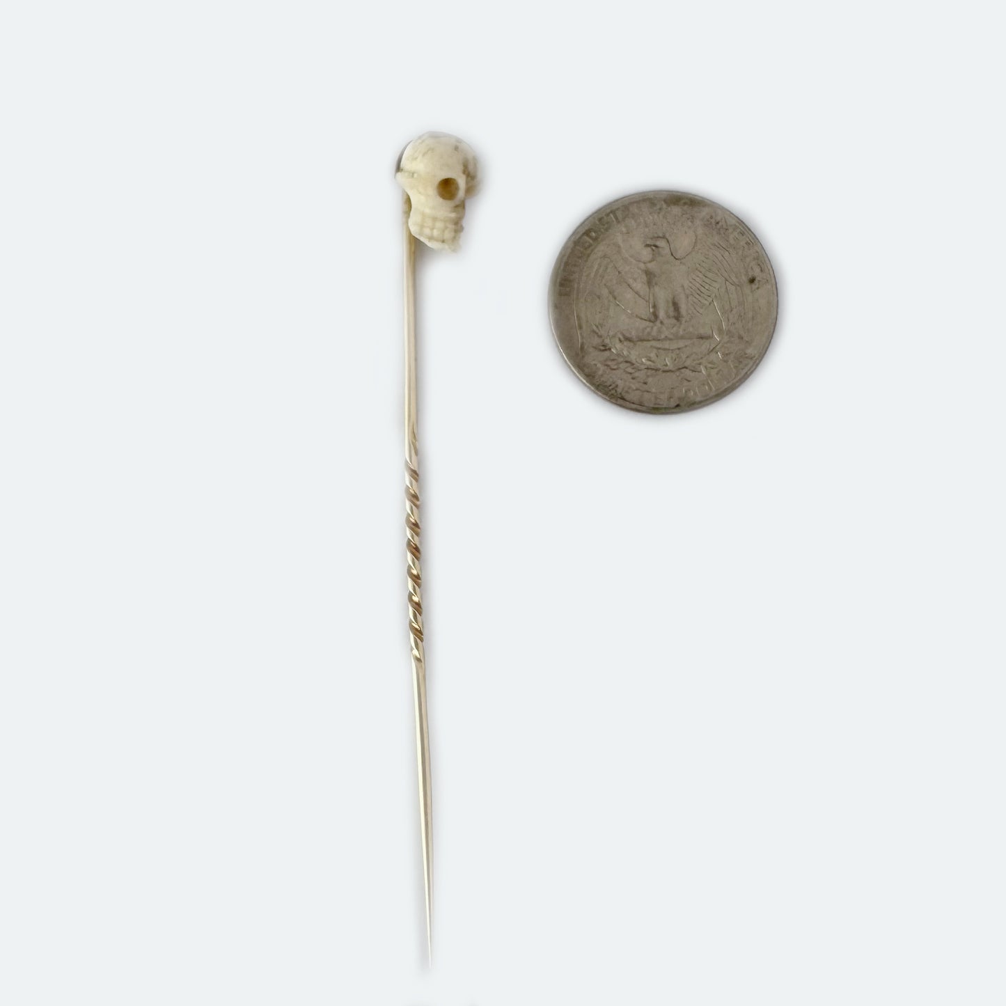 Antique 9k Gold Skull Stick Pin, Victorian Memento Mori Pin, 9 ct Gold Carved Bone Skull Cravat StickPin, 1800s Lapel, 19th Century Tie Pin